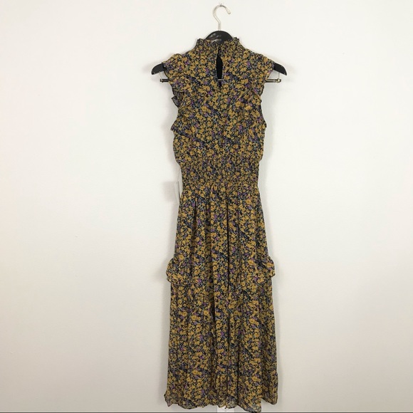 Lulus XS Evalina Midi Dress High Neck Floral Yellow Purple - Picture 8 of 16